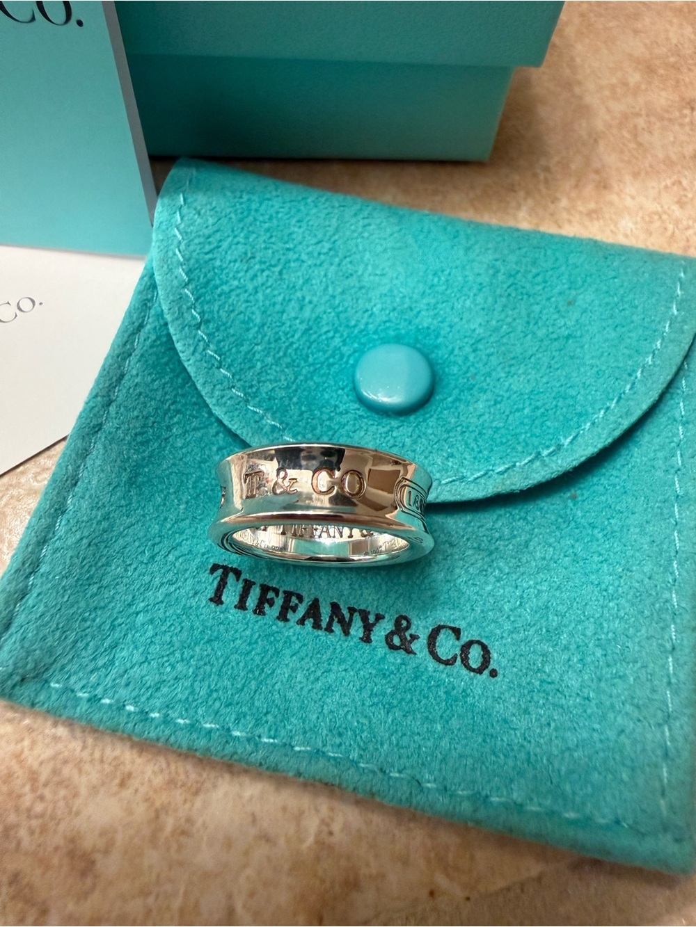 Tiffany & Co. Sterling Silver Logo Band with Signature Blue Pouch